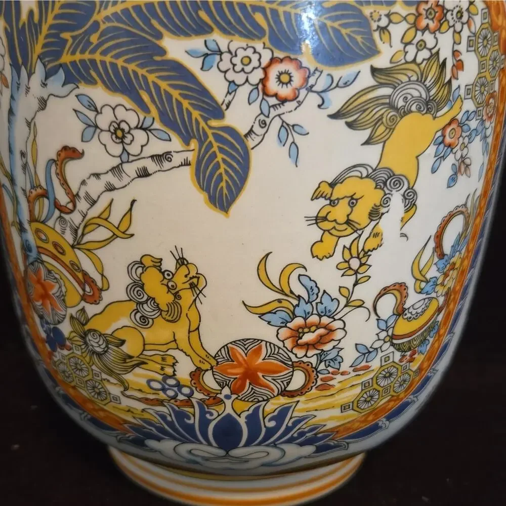 Vintage Ardalt Italy Chineserie Porcelain Vase Foo Dog Palm Tree Orange Blue 12